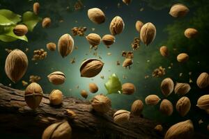 Flying walnuts. Generate Ai photo