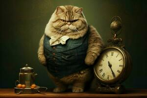 Defiant Fat cat standing on scales. Generate Ai photo