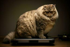 Fat cat standing on scales. Generate Ai photo