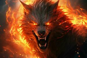 Ferocious Fiery wolf fantasy. Generate Ai photo