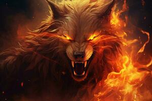 Mystical Fiery wolf fantasy. Generate Ai photo