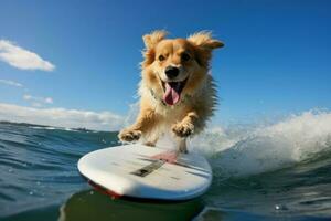 Dog funny riding surfboard. Generate Ai photo