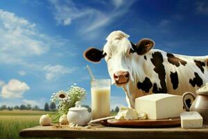 Fresh Dairy cow products sunny day. Generate Ai photo