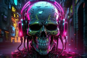 Dystopian Cyberpunk skull. Generate Ai photo