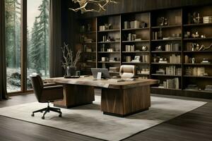 Polished Home office desk wood tones. Generate Ai photo
