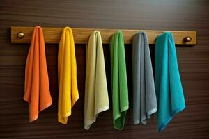 Bright Kitchen colorful towels hanging on rack. Generate AI photo