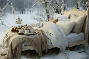 sereno café taza invierno cama Pareja. generar ai foto