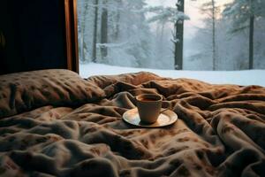 Intimate Coffee cup winter bed couple. Generate Ai photo