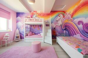 unicornio niños habitación rosado. generar ai foto