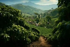 Coffee plantation sunset. Generate Ai photo