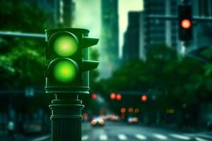 Regulated City green traffic light street. Generate AI photo