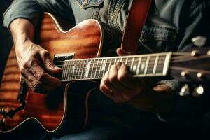manos jugando guitarra música. generar ai foto
