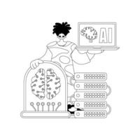 A cartoon man holding a computer and a brain vector