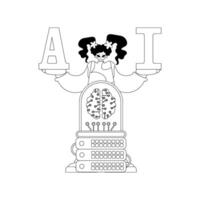 Girl and AI server depicted in linear style, centered around AI theme vector