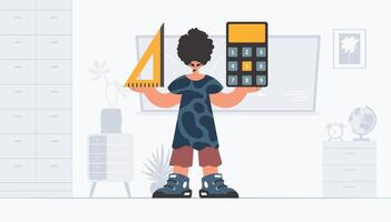 The person is holding a ruler and a calculator, learning subject. Trendy style, Vector Illustration