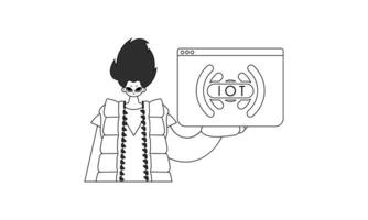 A cartoon drawing of a person holding up a computer vector