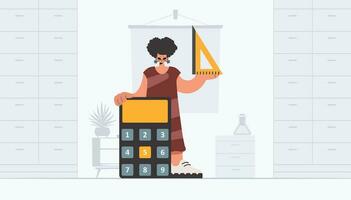 Energized woman holding a ruler and calculator, learning subject. Trendy style, Vector Illustration