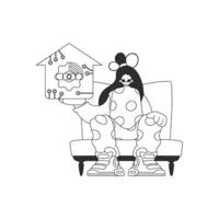 Girl grasps IoT logo, in linear design vector