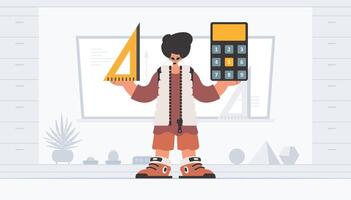 The person is holding a ruler and a calculator, learning subject. Trendy style, Vector Illustration