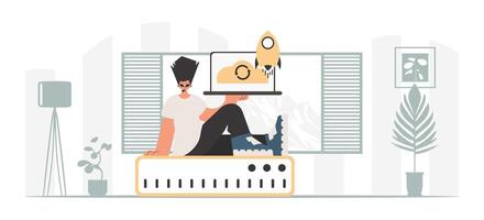 Synchronization and security of data capacity concept. The boy is holding a data cloud and a server. Trendy style, Vector Illustration