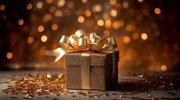 Gift box with golden ribbon on bokeh lights background. photo