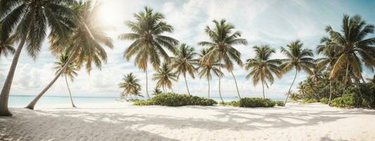 hermosa tropical playa bandera. blanco arena y Coco palmas viaje turismo amplio panorama antecedentes concepto. increíble playa paisaje. ai generado foto