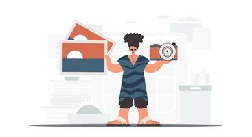 The individual holds a camera and photos in his hands. The concept of rest and travel. Trendy style, Vector Illustration