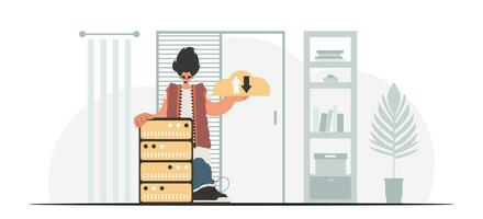 Synchronization and security of information capacity concept. The boy is holding a information cloud and a server. Trendy style, Vector Illustration