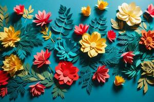 top view of colorful paper cut flowers with green leaves on blue background with copy space. AI generated photo