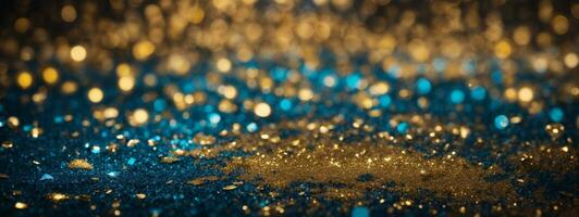 blackground of abstract glitter lights. blue, gold and black. de focused. banner. AI generated photo