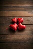Valentines day background with red hearts on wooden background. AI generated photo