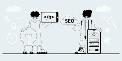 A team that specializes in SEO . trendy exemplar in a analogue manner. Trendy style, Vector Illustration