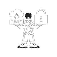 Man grasping cloud storage emblem for net of things, line vector portray