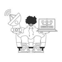 Guy holds antenna and laptop for manipulating IoT data, drawn in a linear vector style