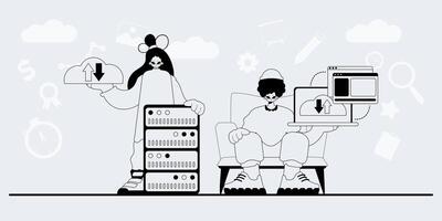 A cartoon illustration of two people sitting on a chair with a computer vector