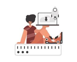 The person is holding a tablet, which is synchronized with the information capacity. Restricted. Trendy style, Vector Illustration