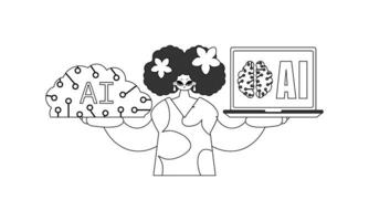 Girl holds AI model with vector linear style