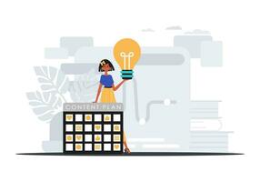 The girl is holding a light bulb and a content plan . digital marketing concept. Trendy style, Vector Illustration