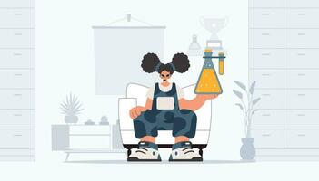 Lively woman holding chemical carafe, learning point. Trendy style, Vector Illustration