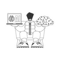 A man sitting on a chair with a laptop and a brain vector