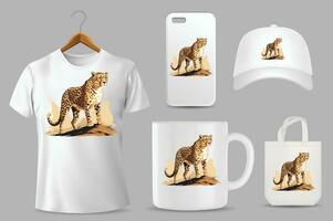 Hand Drawn Sketch Cheetah Illustration On Different Product Templates vector