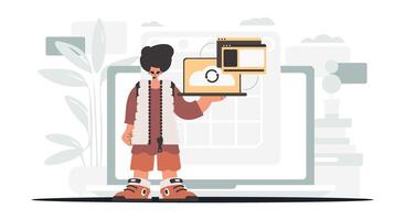 A man holding a laptop and a tablet vector