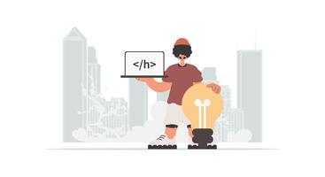 The individual is holding a browser window with a programming picture, and to boot standing near a colossal light bulb. Trendy style, Vector Illustration