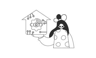 A woman holding a birdhouse with a mouse inside vector