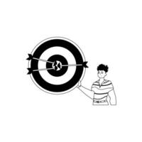 The guy is holding a target with arrow in the center field . accomplishment concept . black and white linear style. Trendy style, Vector Illustration