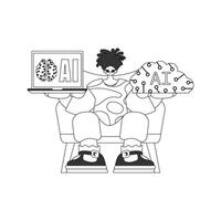 A man sitting on a chair with a laptop and a brain vector