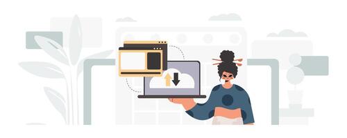 A woman holding a laptop with a computer screen on it vector