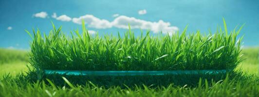 Green grass on blue clear sky, spring nature theme. Panorama. AI generated photo