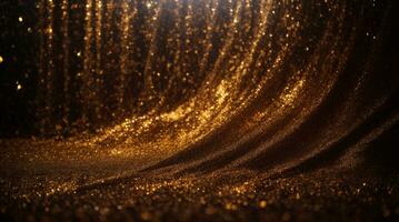 Dark brown background, digital signature with particles, sparkling waves, curtains and areas with deep depths. The particles are golden light lines.. AI generated photo