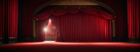 Red stage curtain with arch entrance. AI generated photo